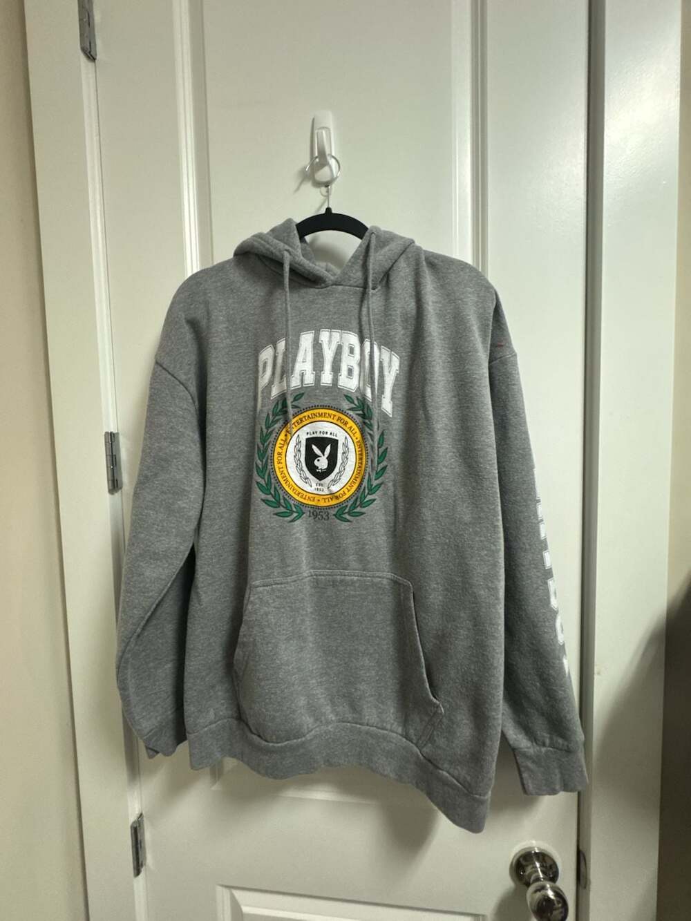 Playboy Gray Collegiate Crest Logo Pullover Hoodie Sweatshirt Size XL